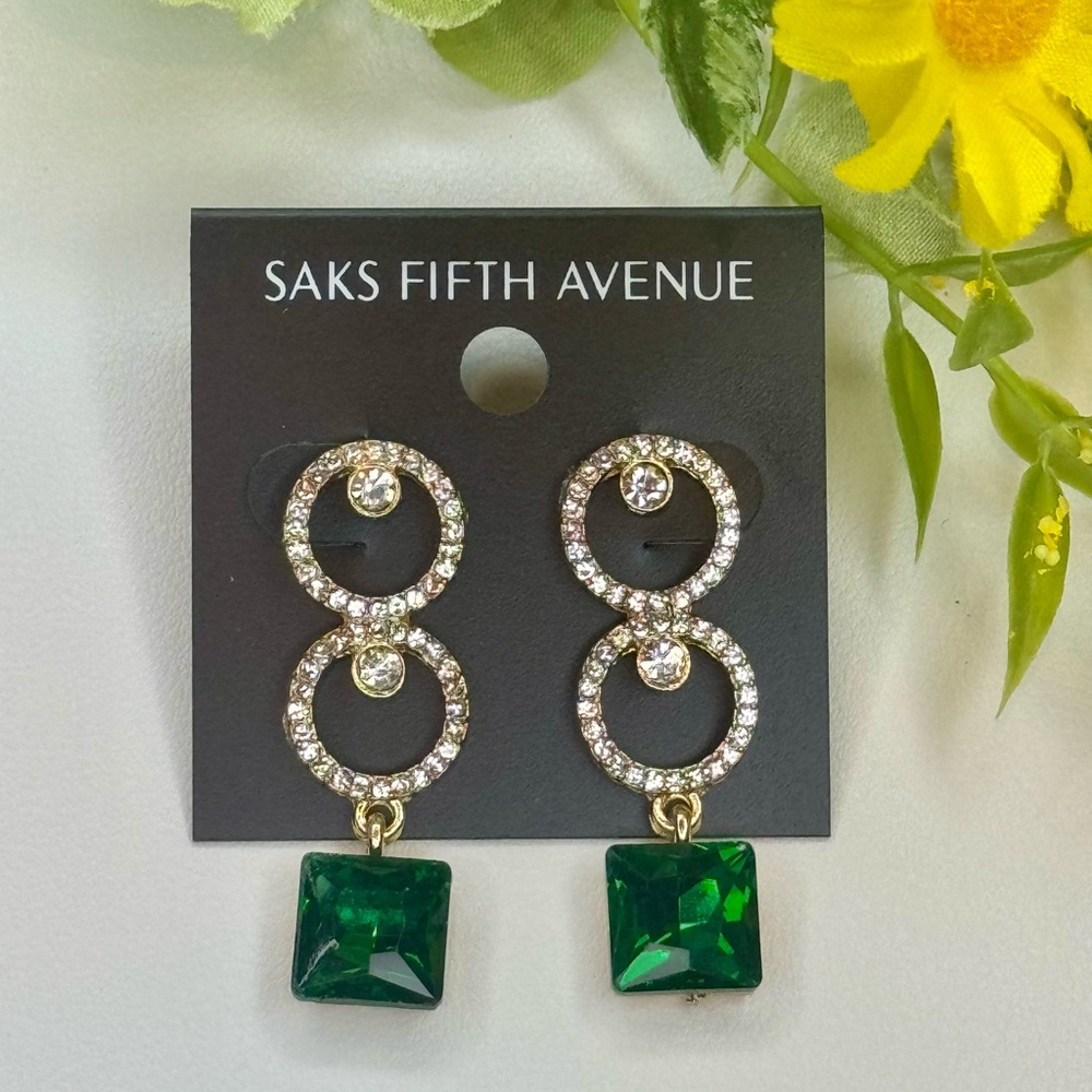 Saks Fifth Avenue Double Hoop Emerald Green Crystal Drop Earrings